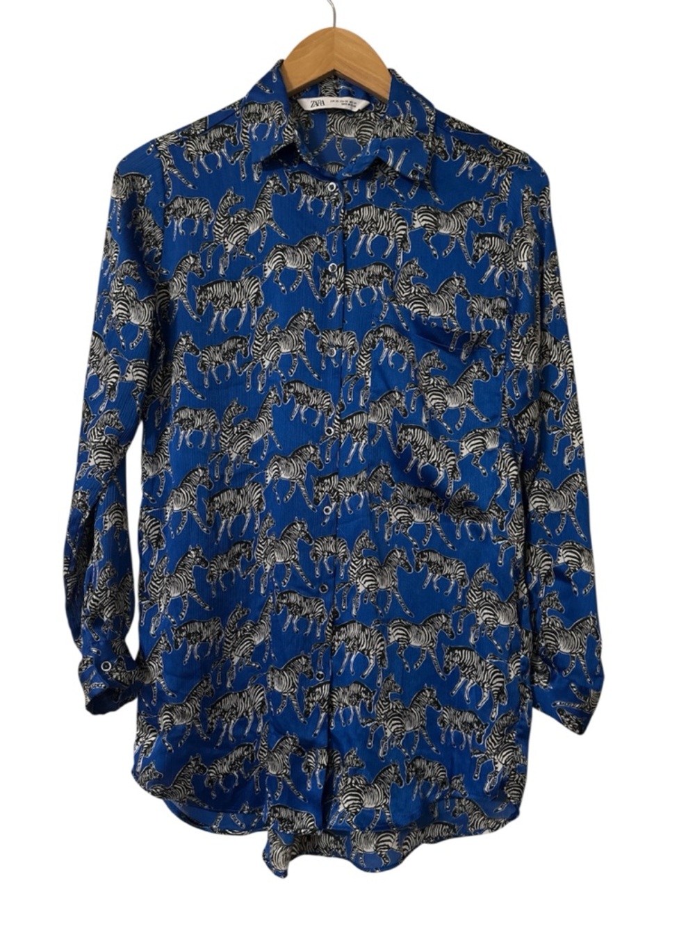 Zara Royal Blue Long Sleeve Button Down Top Shirt Zebra Prints Sz XS - Picture 9 of 12